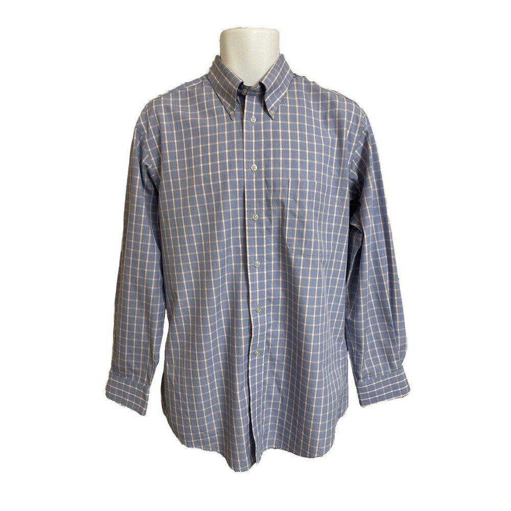 Club Room Mens M 15.5 32/33 Light Blue & White Plaid Button Up Long Sleeve Shirt
